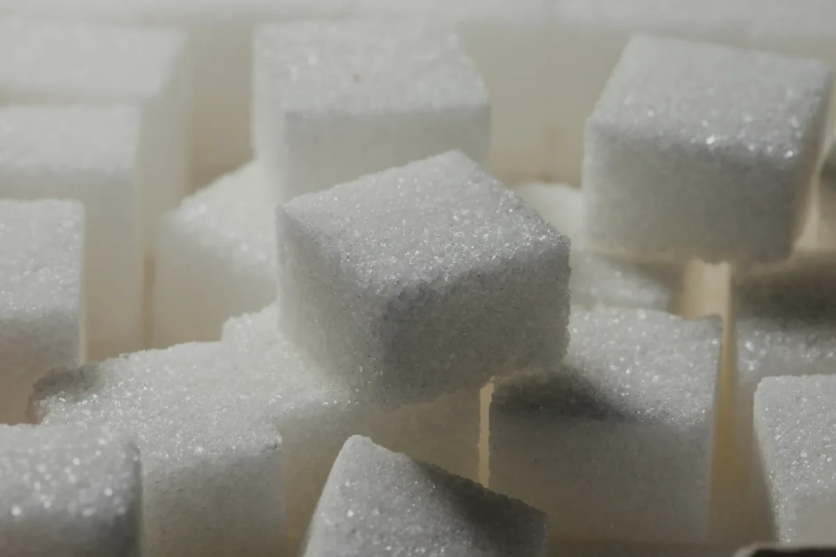 A pile of white sugar cubes lit from behind