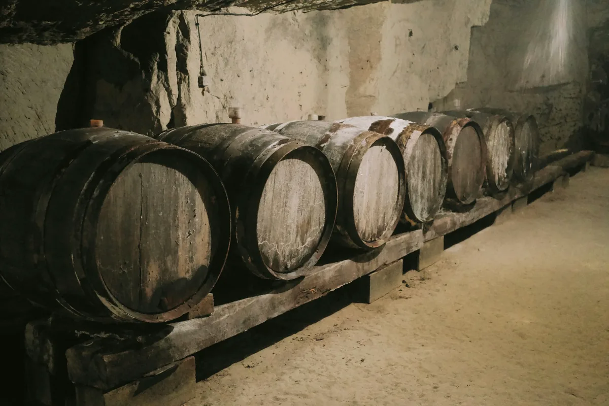 Wooden barrels resting on their sides in a rough stone cellar