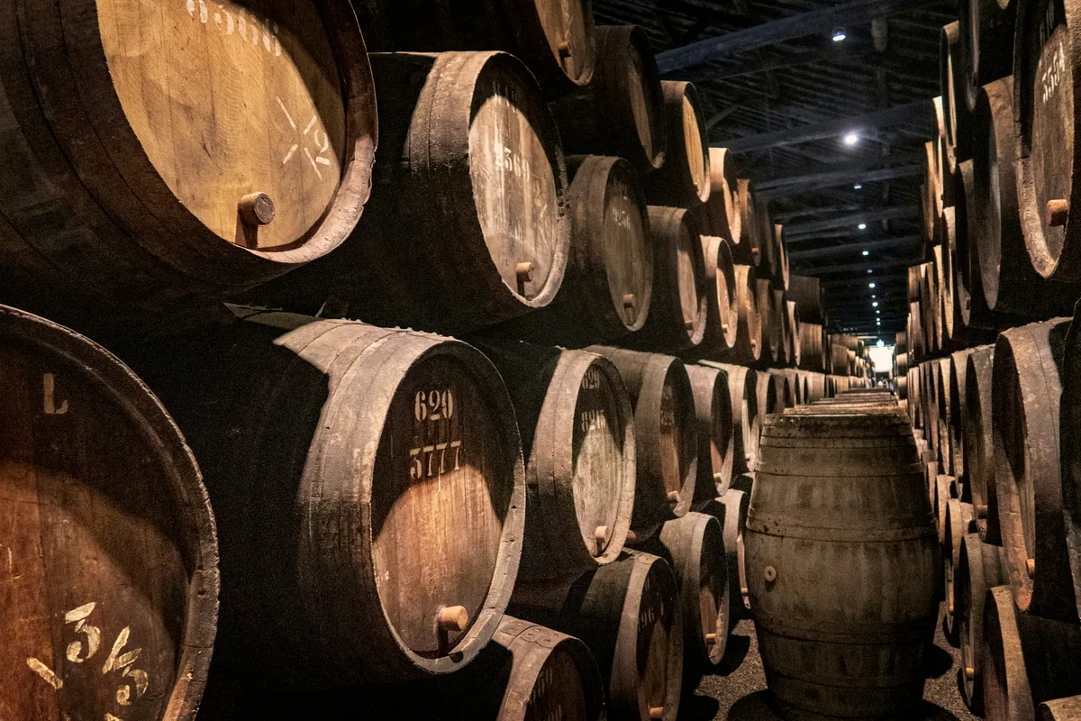 Oak barrels stacked several high in a storage warehouse
