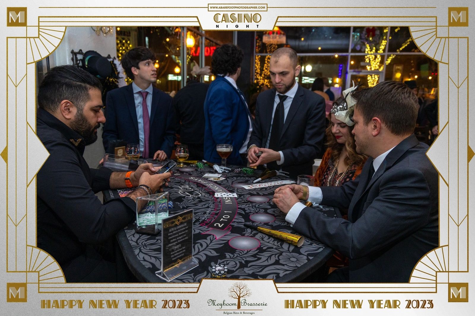 Chips laid out on the blackjack table during the New Year's Eve 2023 casino night at Meyboom Brasserie