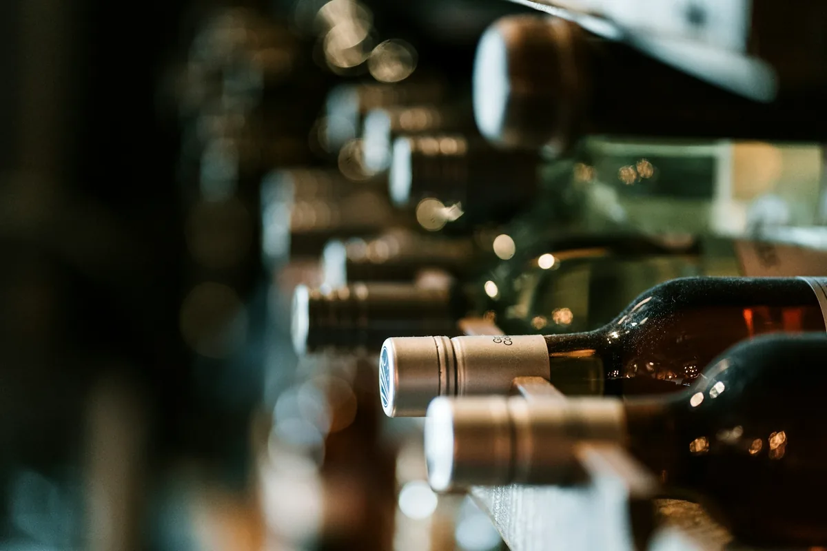 A row of dark bottles lying on their sides, shallow focus