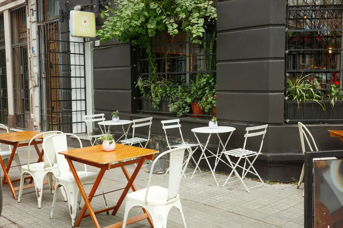 Outdoor cafe tables and chairs on a European street