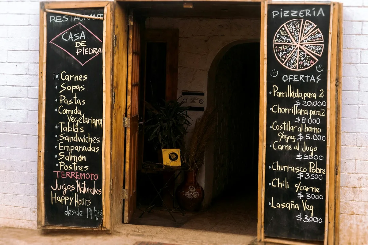 Handwritten chalkboard menus propped beside a restaurant doorway