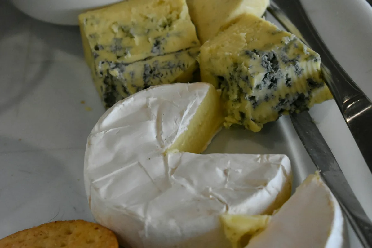 A plate of cheeses including a blue and a soft white rind