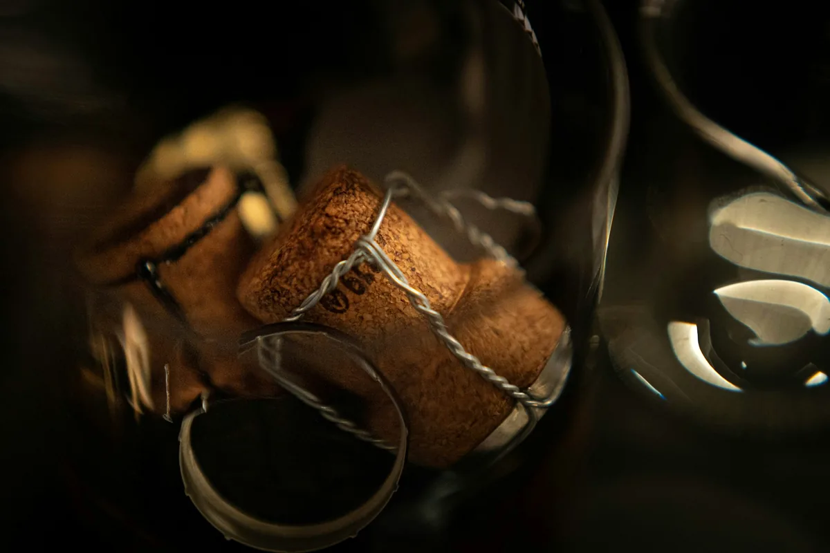 Champagne-style corks with their wire cages on a dark surface
