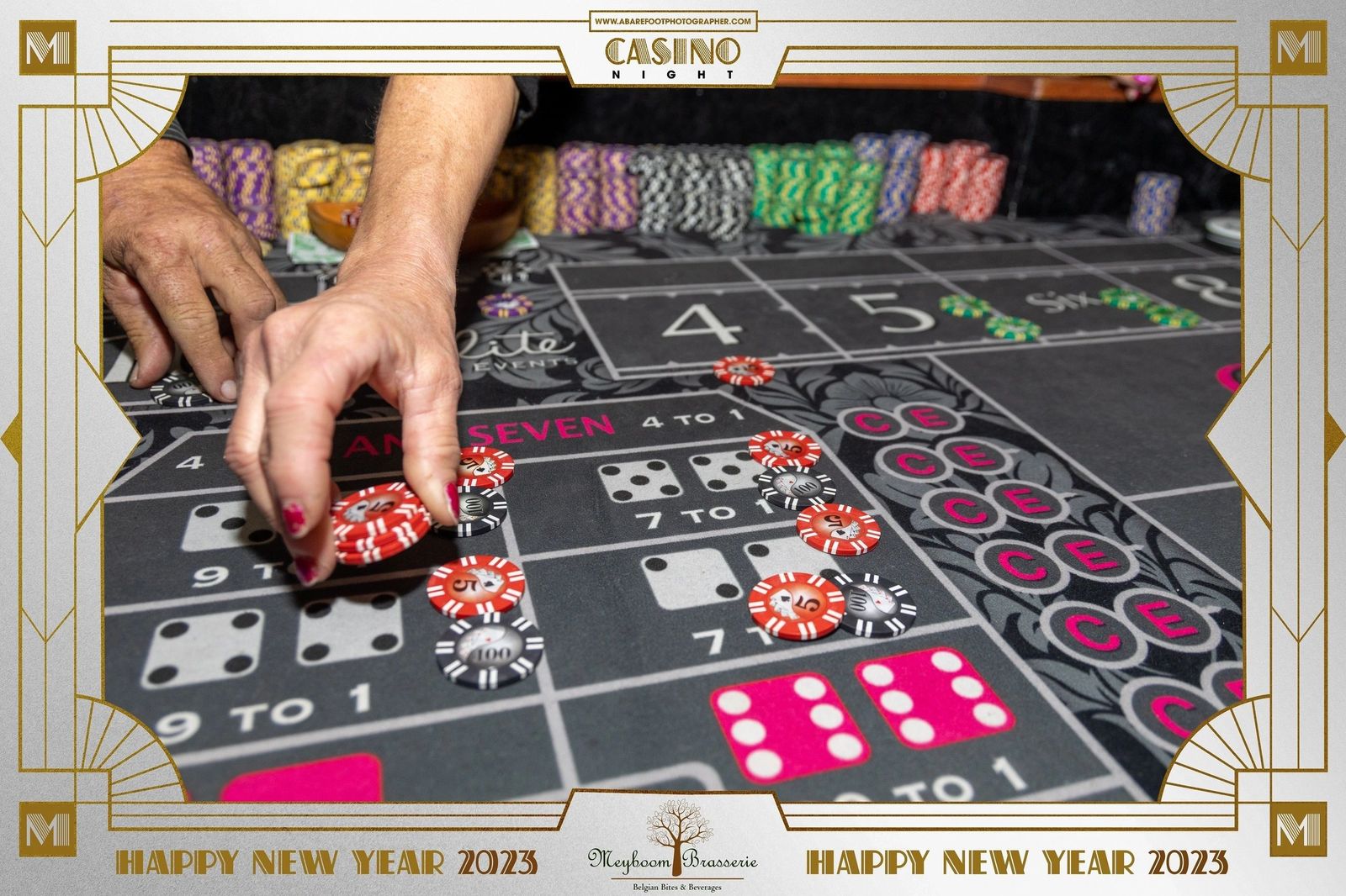 Chips on the craps table during the New Year's Eve 2023 casino night at Meyboom Brasserie
