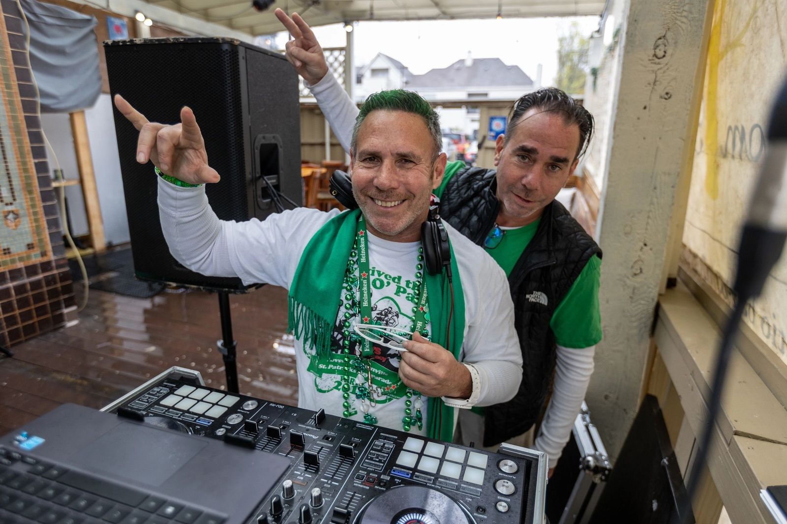 The DJ at the decks during St. Patrick's Day 2024 at Meyboom Brasserie