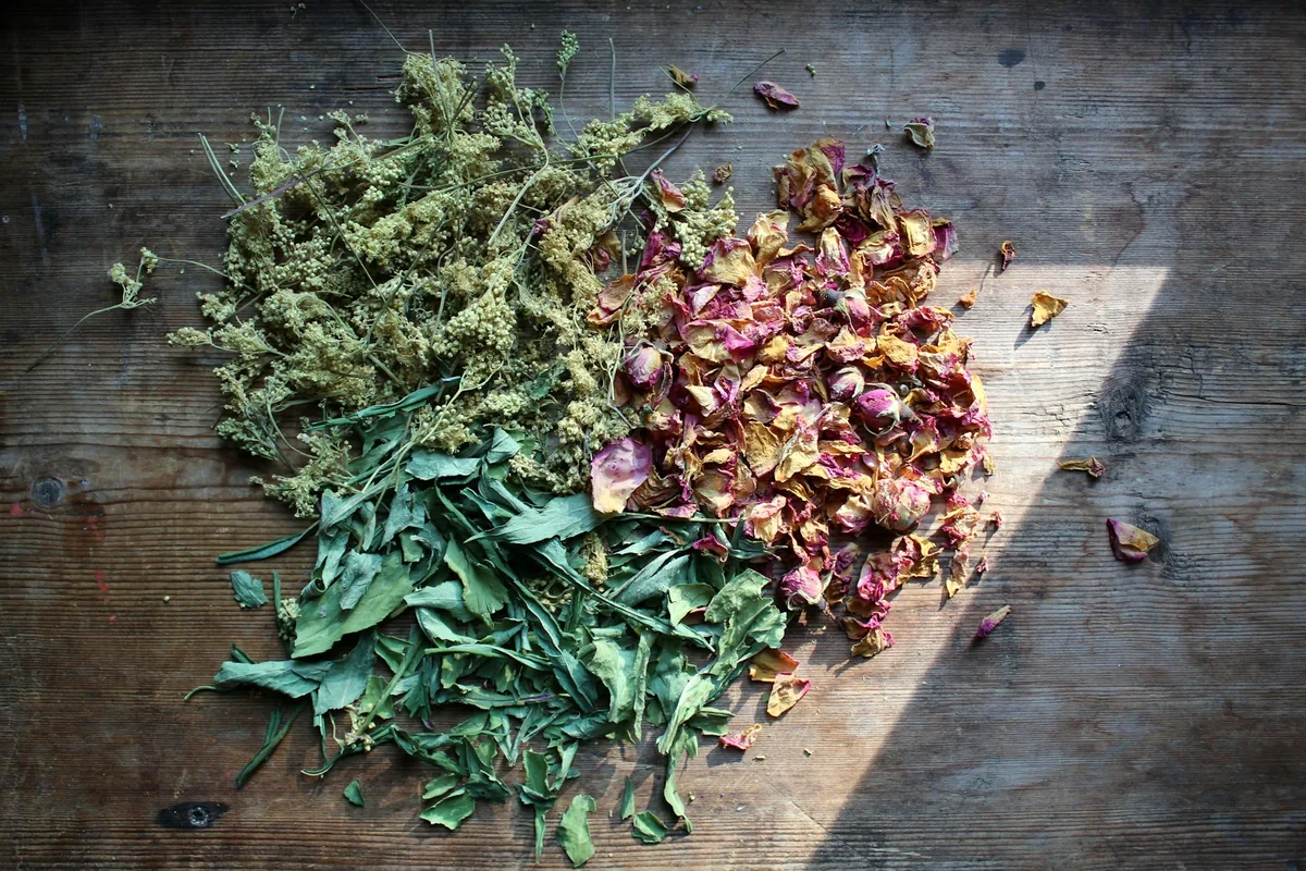 Dried herbs and flowers arranged on a wooden surface
