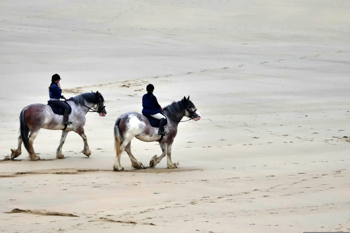 Two riders on horseback crossing a wide empty beach