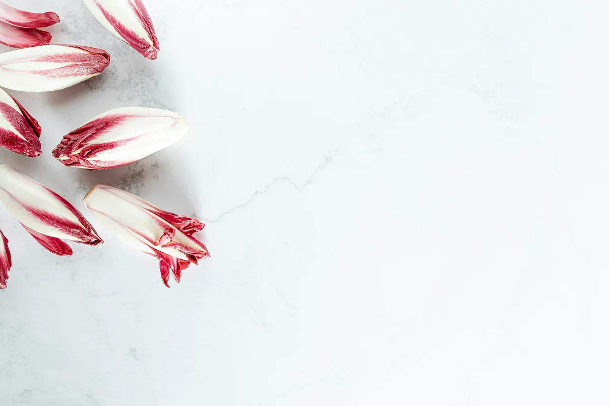 Deep red and white radicchio leaves scattered on a pale surface