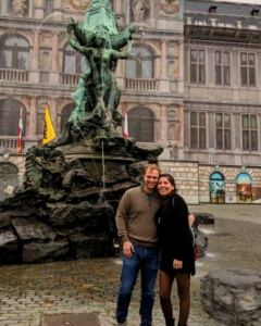 April and Jeff at the Brabo fountain in Antwerp, Belgium, in 2019