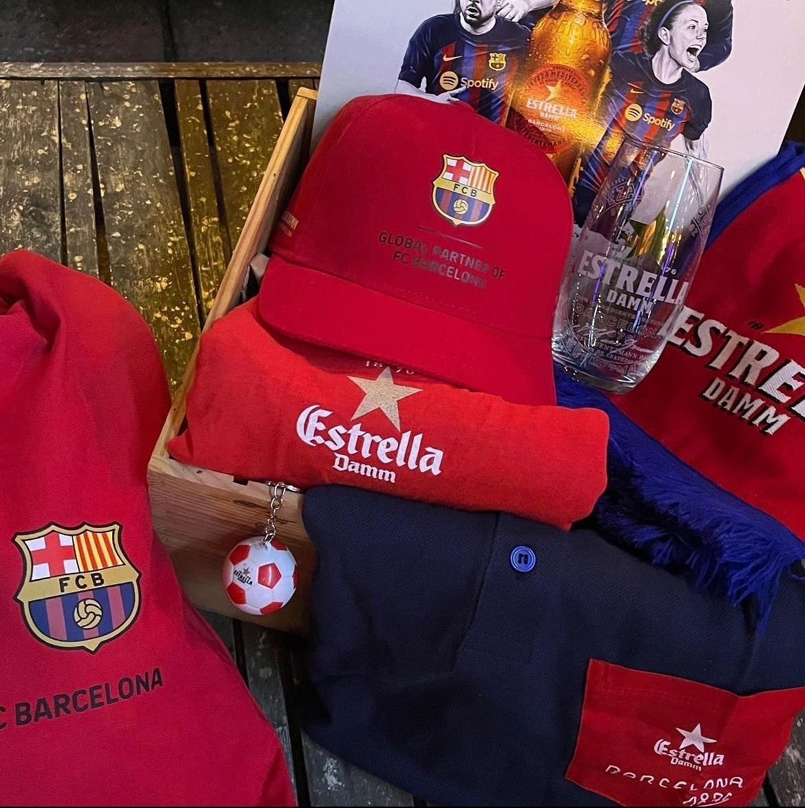 Meyboom merchandise and a Barcelona scarf during an FC Barcelona match day at Meyboom Brasserie