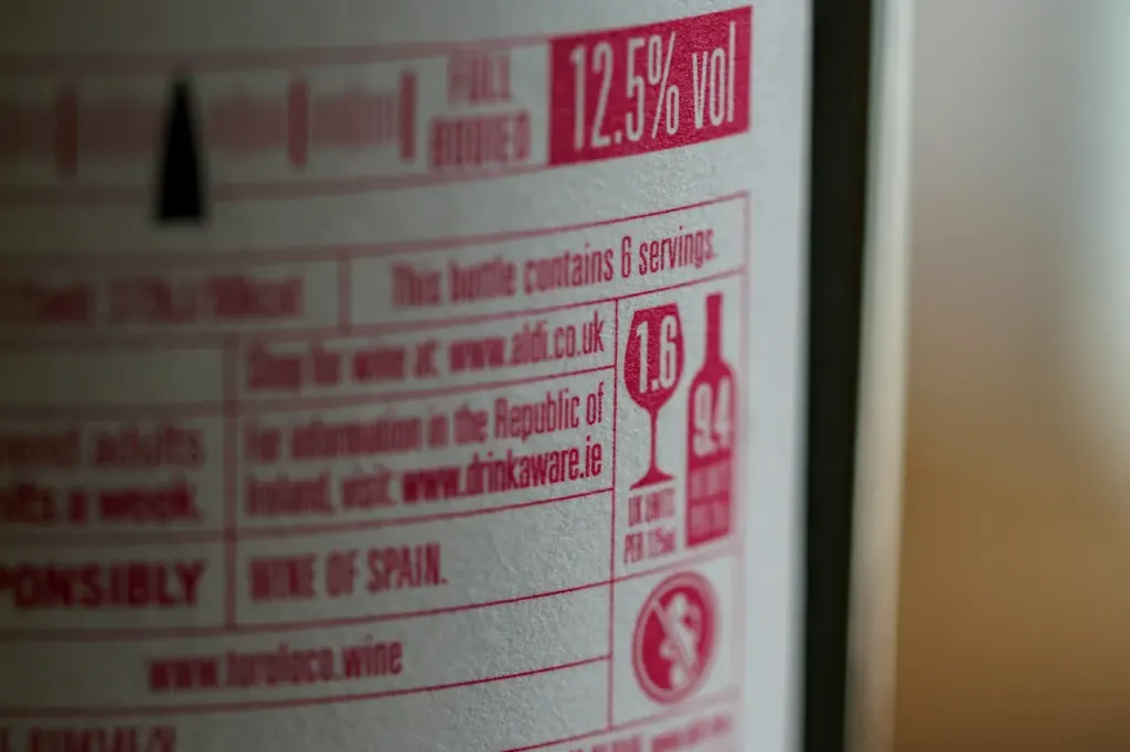 A close-up of a drinks back label showing strength, servings and unit information